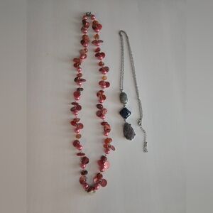 Pink Shell Disc and Blue Gray Jewel Strand Necklace - Unbranded 2 Neclaces!